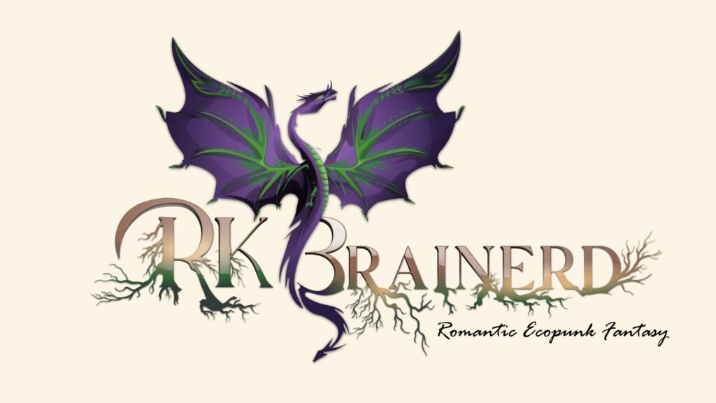 The words RK Brainerd are written out in parchment and gold colors, with green branches emerging out of the text down and to the side. Rising from the center, a purple and green dragon spreads their wings. Below and to the right are the words Romantic Ecopunk Fantasy. 